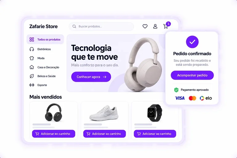 Loja virtual com vitrine de produtos e confirmação de pedido com pagamento aprovado